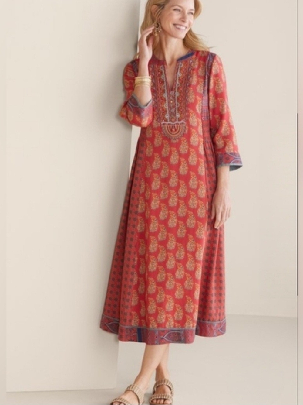 SZ M Soft Surroundings Red Printed Midi Dress Boho Retro Embroidered Beaded